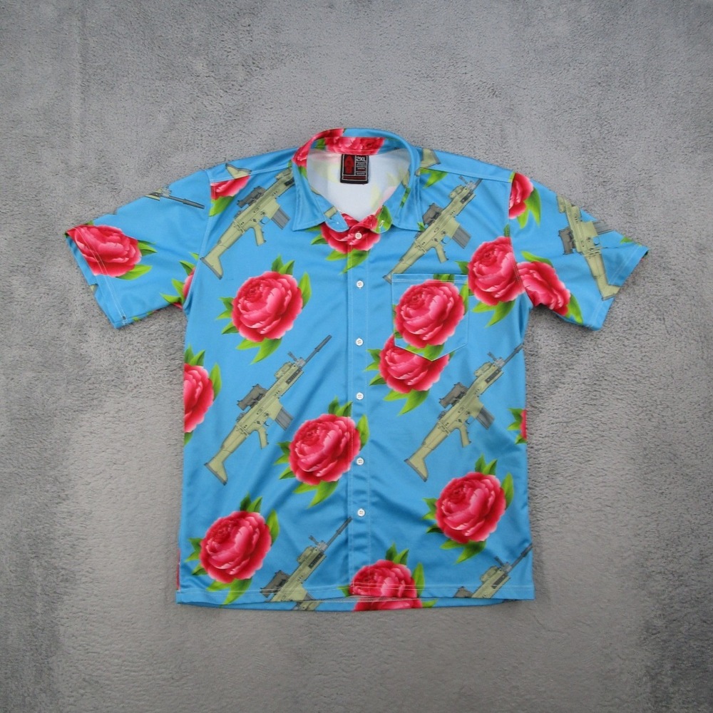 OAF Nation Button Up Shirt Mens 2XL Blue Rose Rifle Floral Short Sleeve Tactical